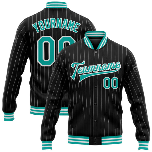 Custom Black White Pinstripe Aqua Bomber Full-Snap Varsity Letterman Jacket - Main View