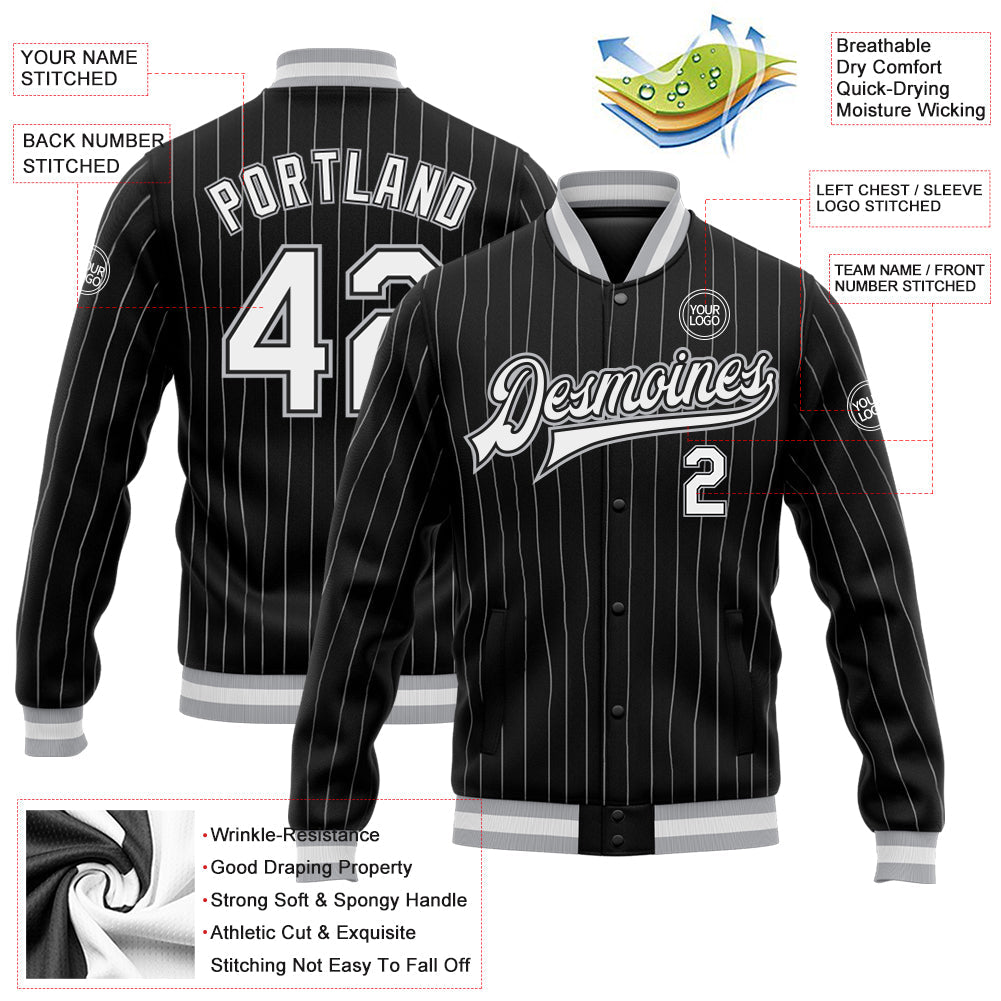 Custom Black White Pinstripe Gray Bomber Full-Snap Varsity Letterman Jacket view 5