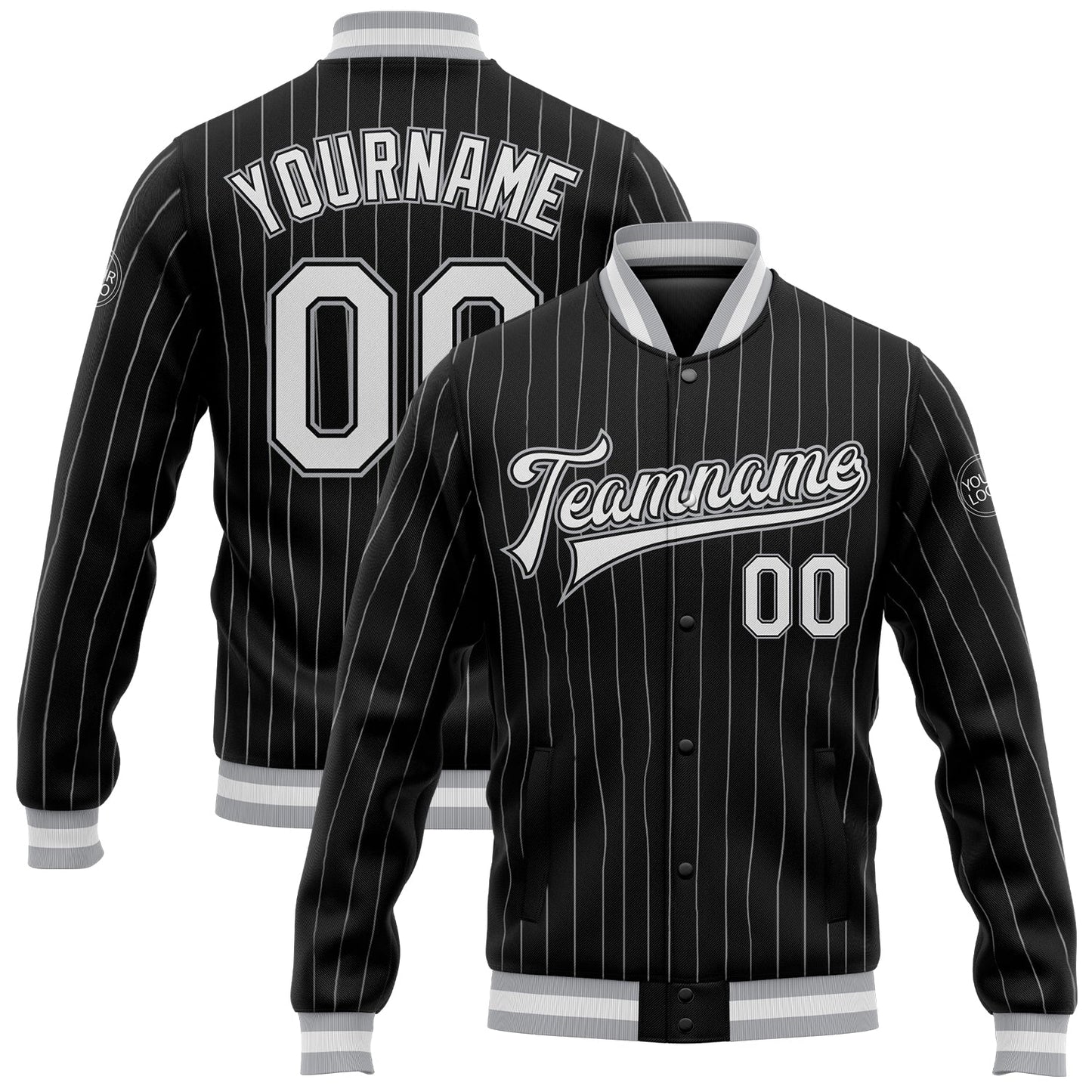 Custom Black White Pinstripe Gray Bomber Full-Snap Varsity Letterman Jacket - Main View