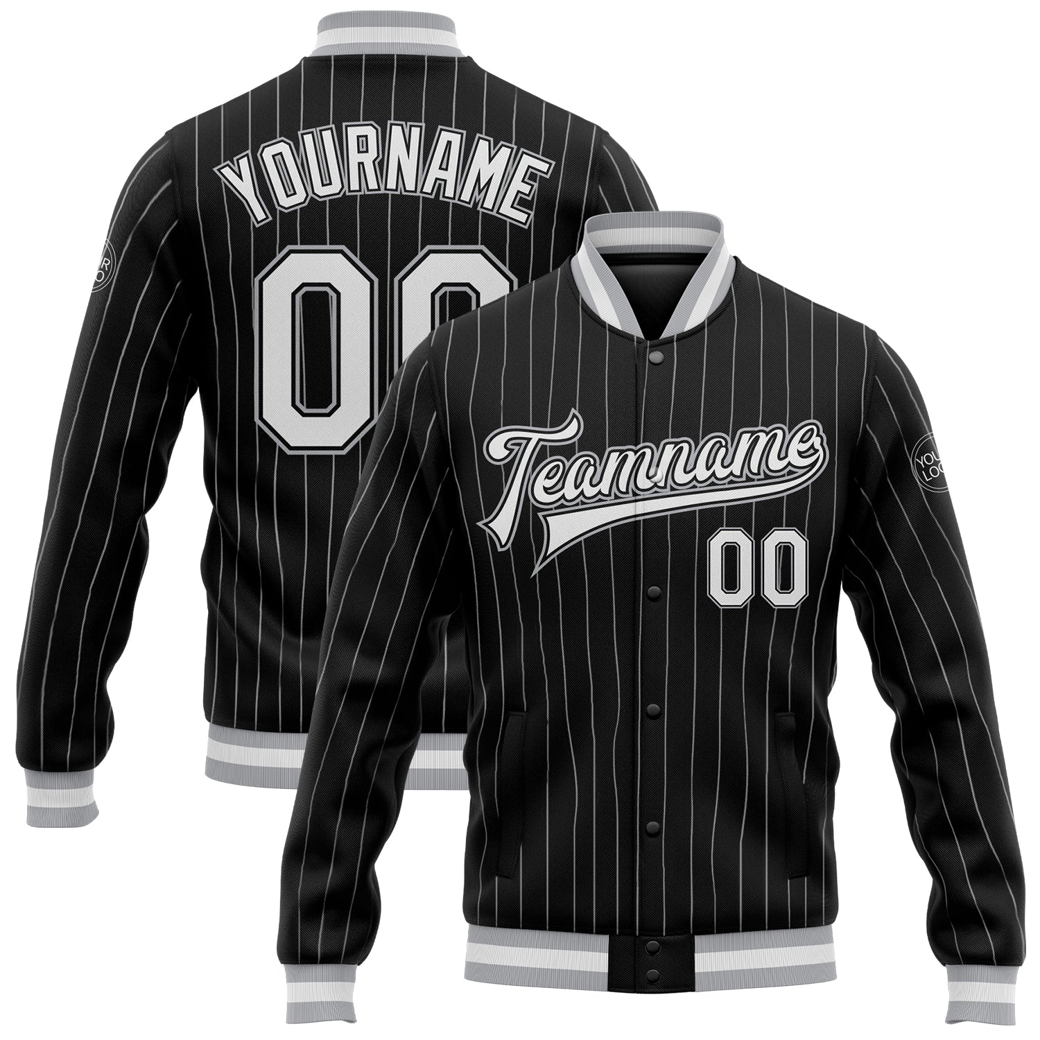 Custom Black White Pinstripe Gray Bomber Full-Snap Varsity Letterman Jacket - Main View