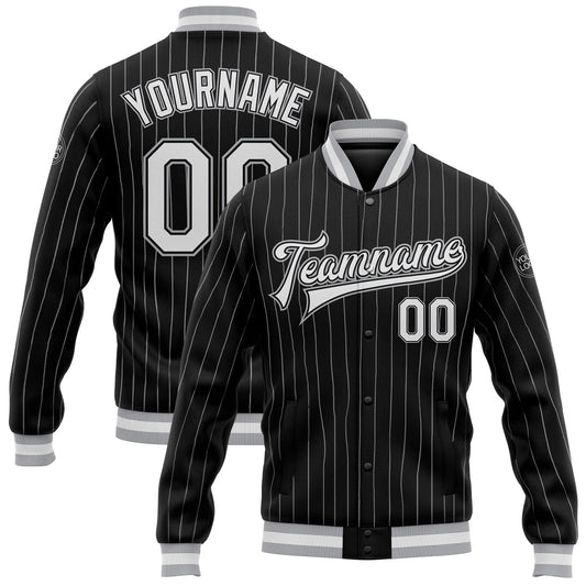 Custom Black White Pinstripe Gray Bomber Full-Snap Varsity Letterman Jacket - Main View