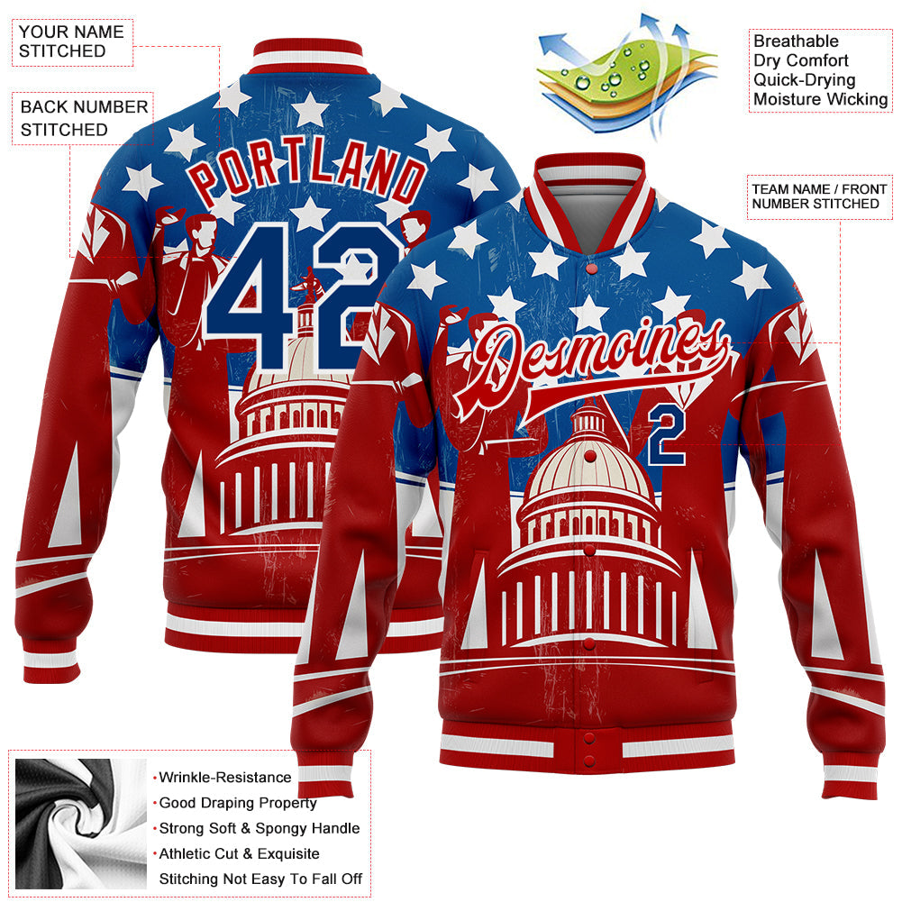 Custom Red US Navy Blue-Royal American Flag Fashion United States Congress Building 3D Pattern Design Bomber Full-Snap Varsity Letterman Jacket view 5