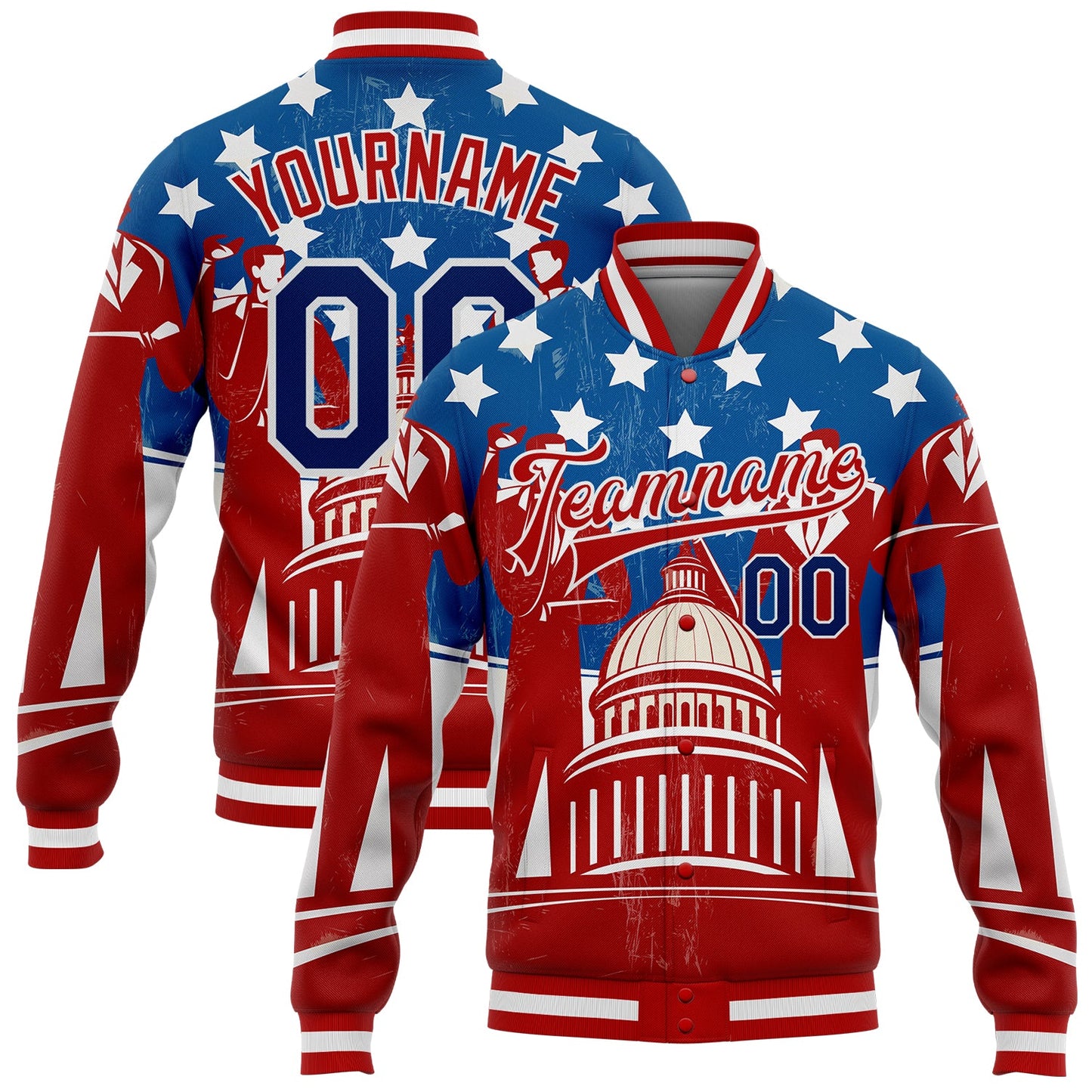 Custom Red US Navy Blue-Royal American Flag Fashion United States Congress Building 3D Pattern Design Bomber Full-Snap Varsity Letterman Jacket - Main View