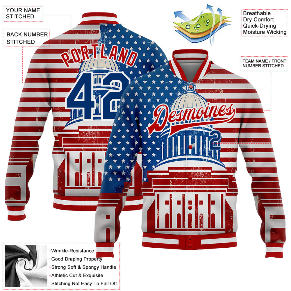 Custom Red US Navy Blue-Royal American Flag Fashion United States Congress Building 3D Pattern Design Bomber Full-Snap Varsity Letterman Jacket view 5