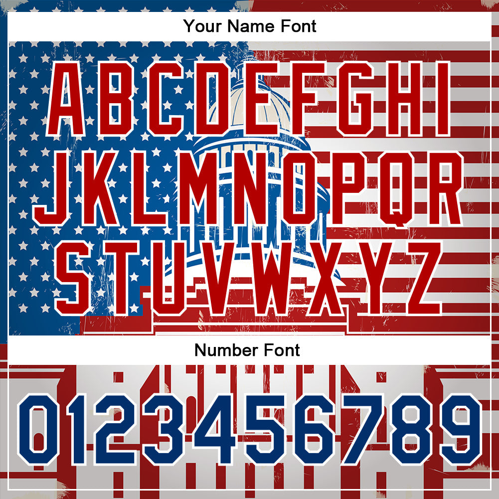 Custom Red US Navy Blue-Royal American Flag Fashion United States Congress Building 3D Pattern Design Bomber Full-Snap Varsity Letterman Jacket view 7