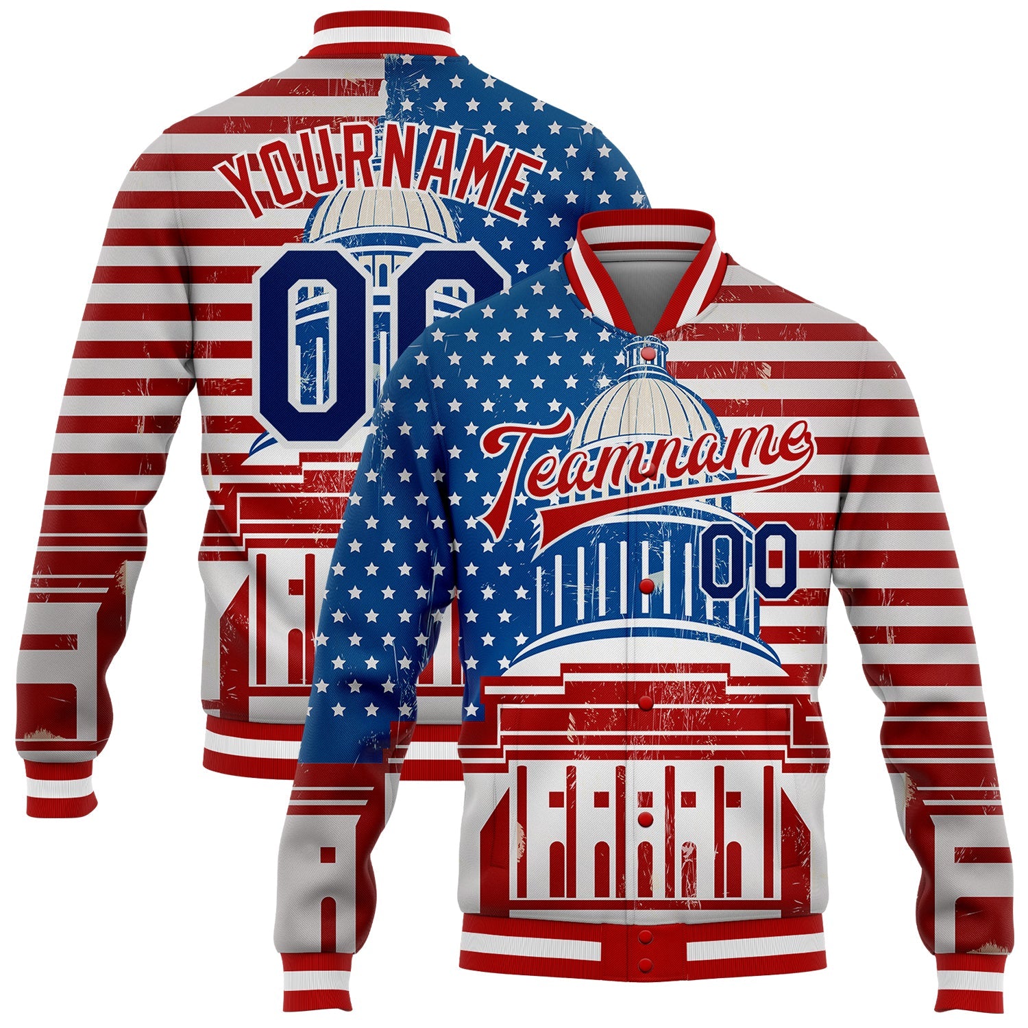 Custom Red US Navy Blue-Royal American Flag Fashion United States Congress Building 3D Pattern Design Bomber Full-Snap Varsity Letterman Jacket - Main View