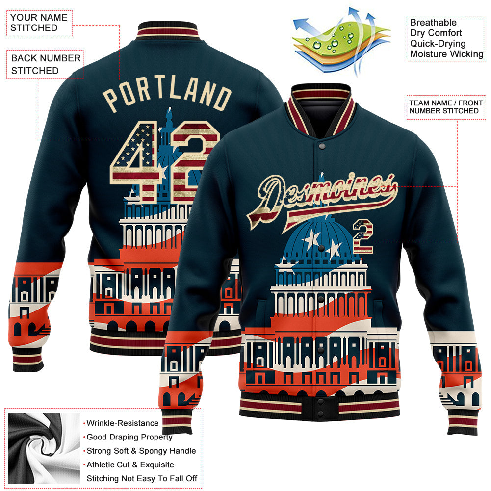 Custom Navy Vintage USA Flag-City Cream United States Congress Building 3D Pattern Design Bomber Full-Snap Varsity Letterman Jacket view 5