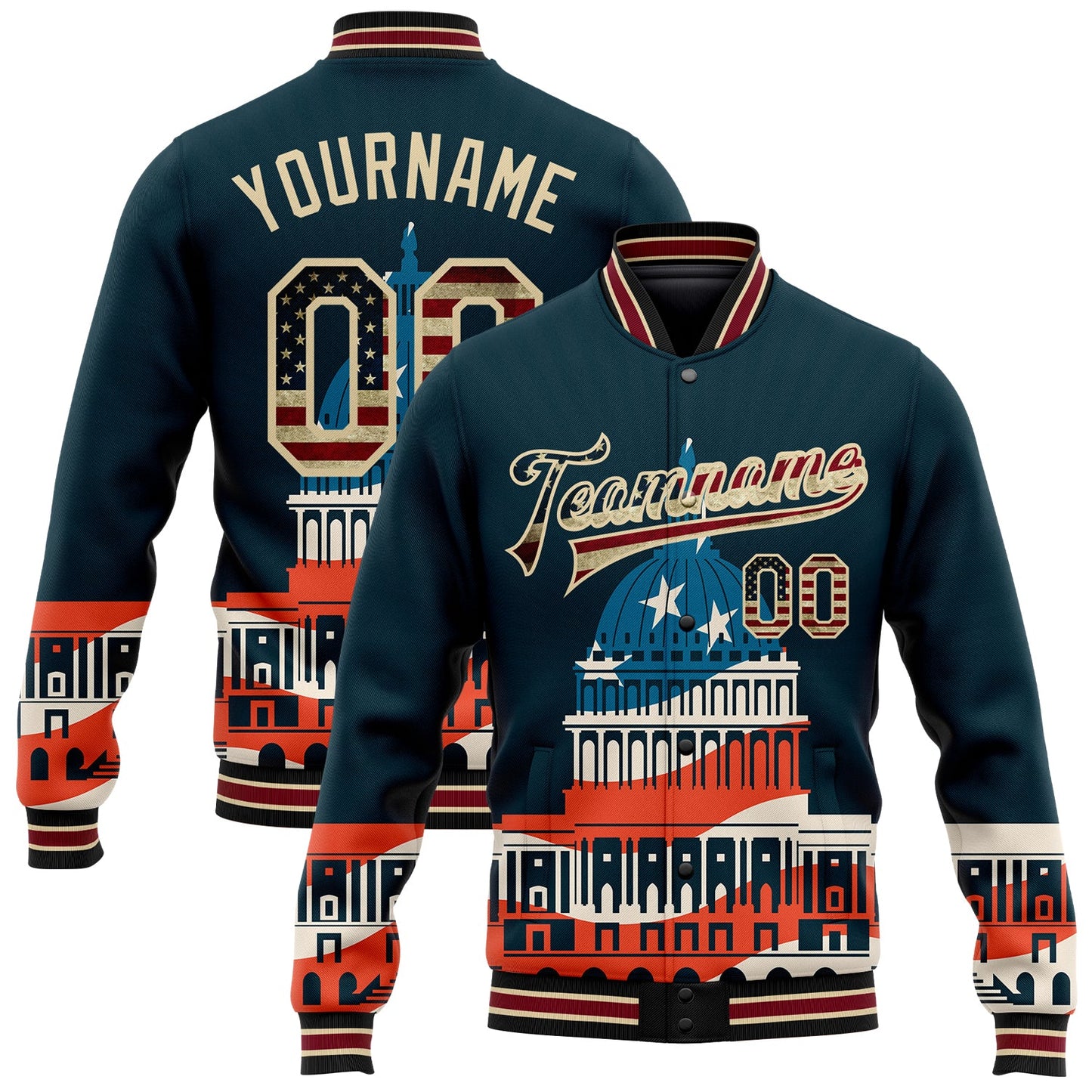 Custom Navy Vintage USA Flag-City Cream United States Congress Building 3D Pattern Design Bomber Full-Snap Varsity Letterman Jacket - Main View