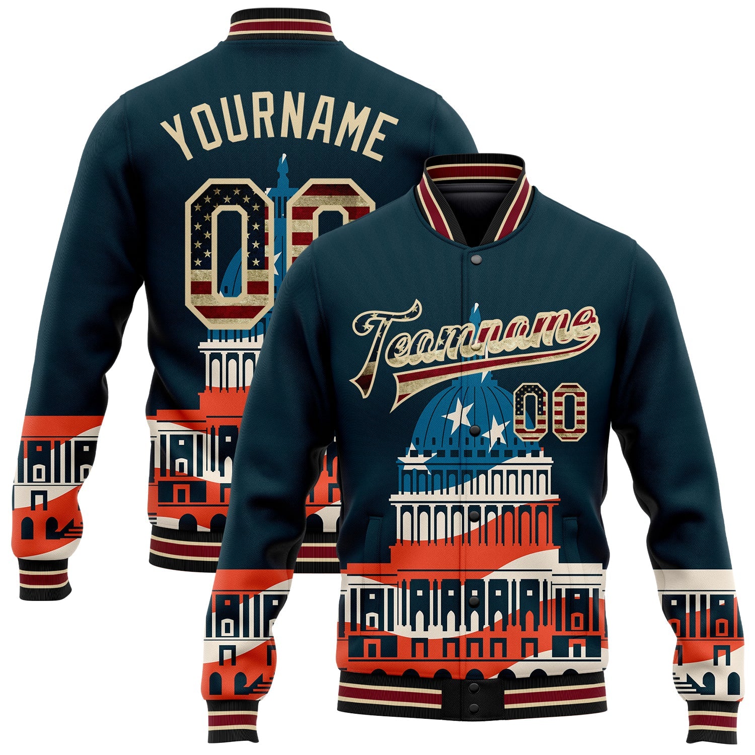 Custom Navy Vintage USA Flag-City Cream United States Congress Building 3D Pattern Design Bomber Full-Snap Varsity Letterman Jacket - Main View