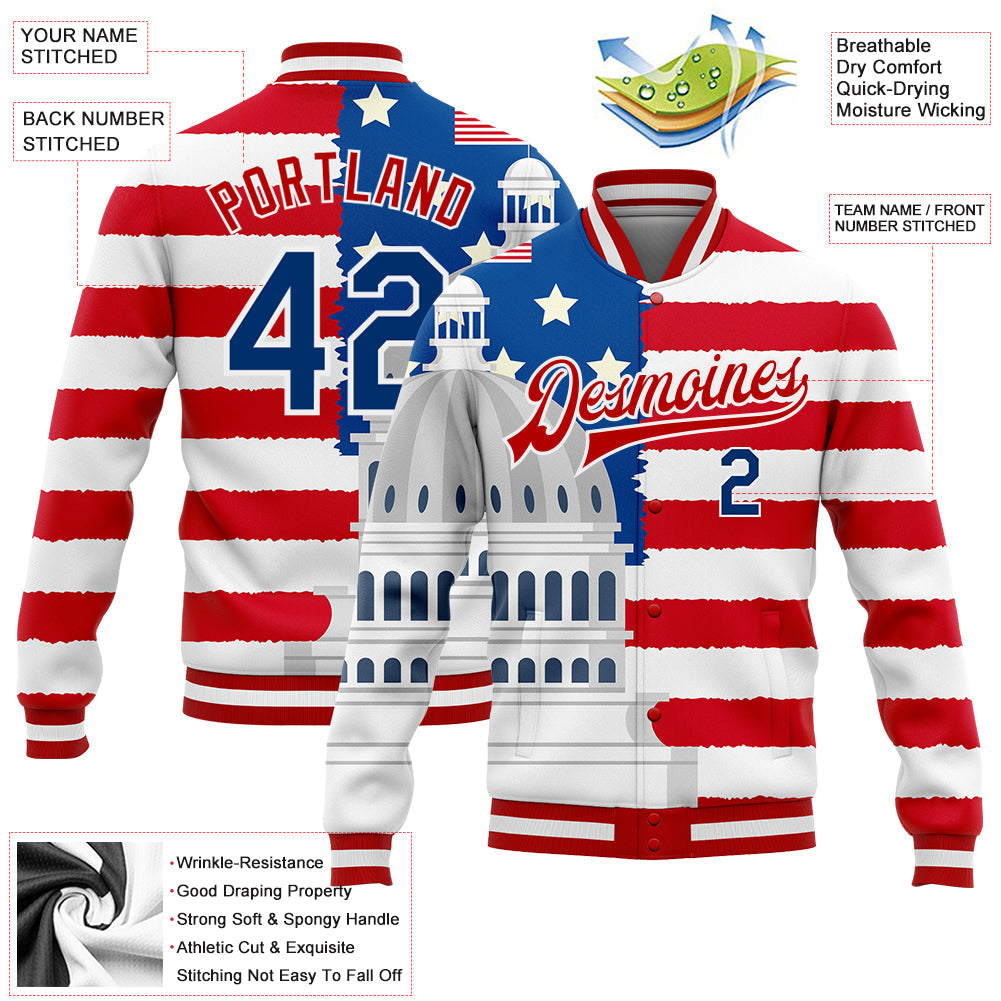 Custom White US Navy Blue Red-Royal American Flag Fashion United States Congress Building 3D Pattern Design Bomber Full-Snap Varsity Letterman Jacket view 5