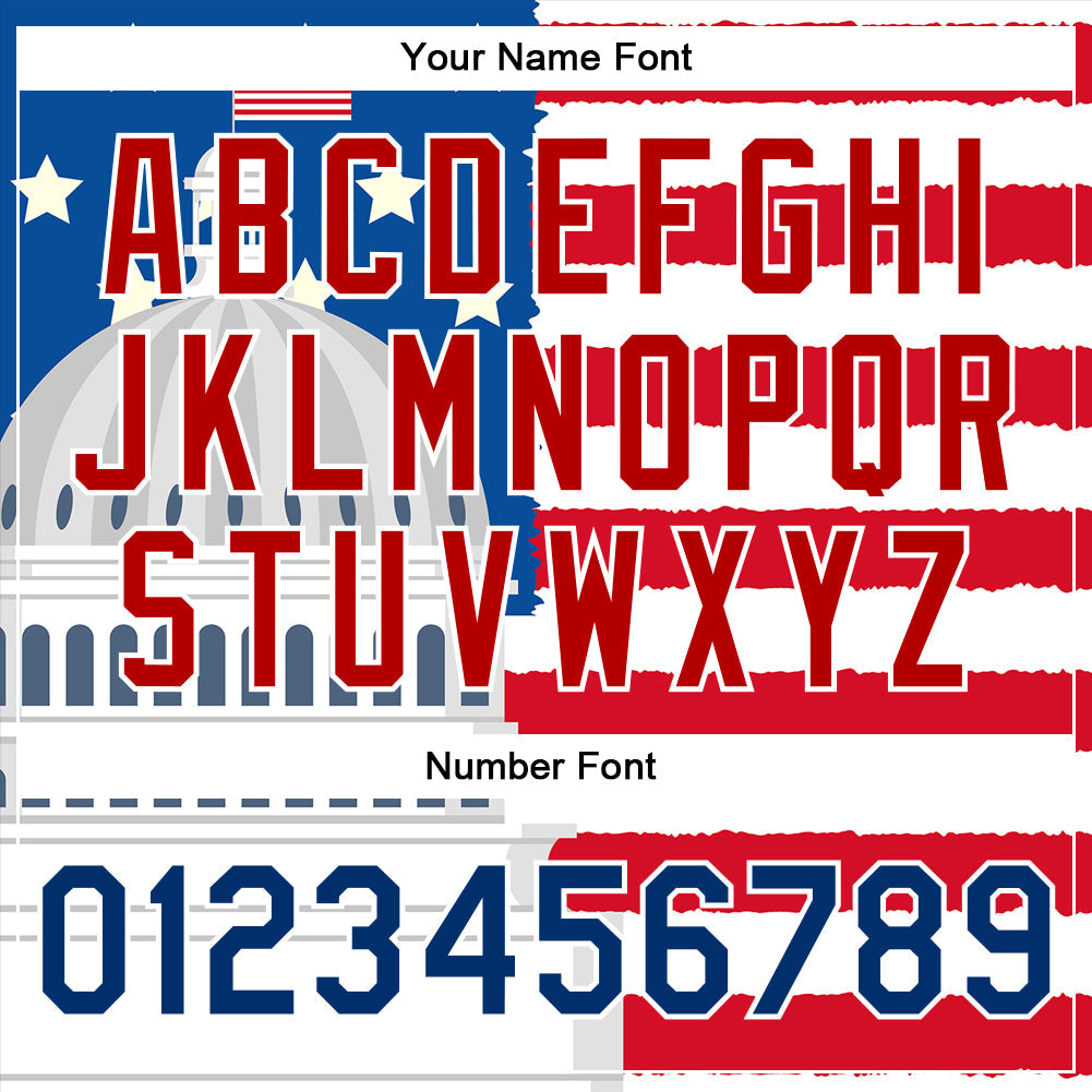 Custom White US Navy Blue Red-Royal American Flag Fashion United States Congress Building 3D Pattern Design Bomber Full-Snap Varsity Letterman Jacket view 7