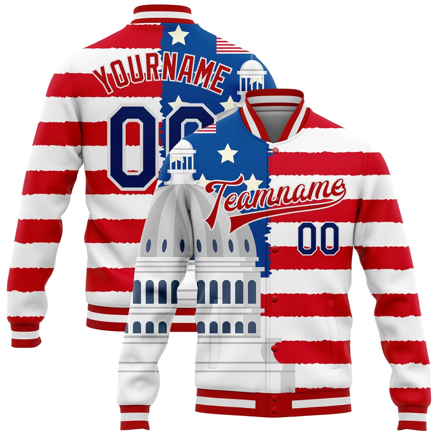 Custom White US Navy Blue Red-Royal American Flag Fashion United States Congress Building 3D Pattern Design Bomber Full-Snap Varsity Letterman Jacket - Main View