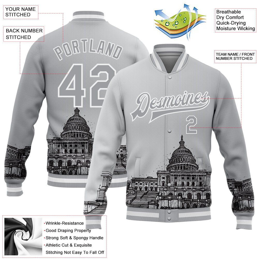 Custom Gray White-Black United States Capitol 3D Pattern Design Bomber Full-Snap Varsity Letterman Jacket view 5