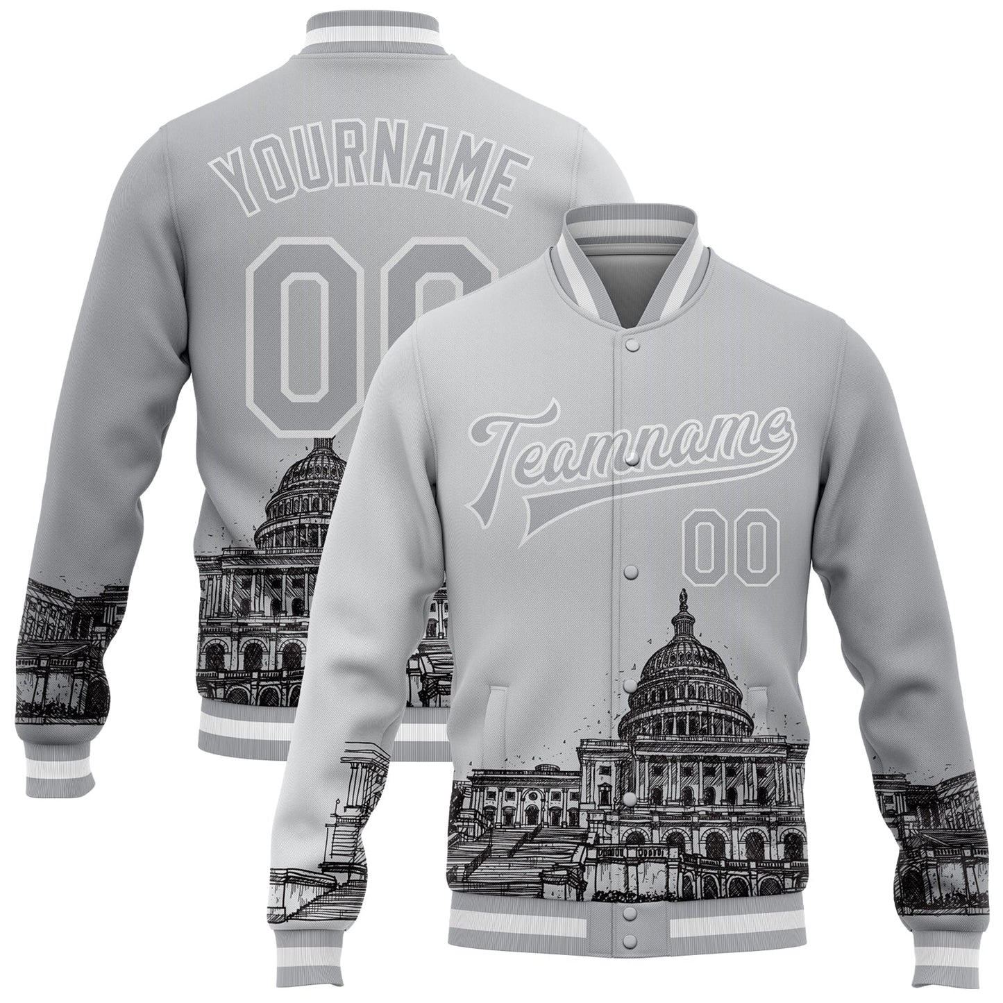 Custom Gray White-Black United States Capitol 3D Pattern Design Bomber Full-Snap Varsity Letterman Jacket - Main View
