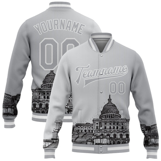Custom Gray White-Black United States Capitol 3D Pattern Design Bomber Full-Snap Varsity Letterman Jacket - Main View
