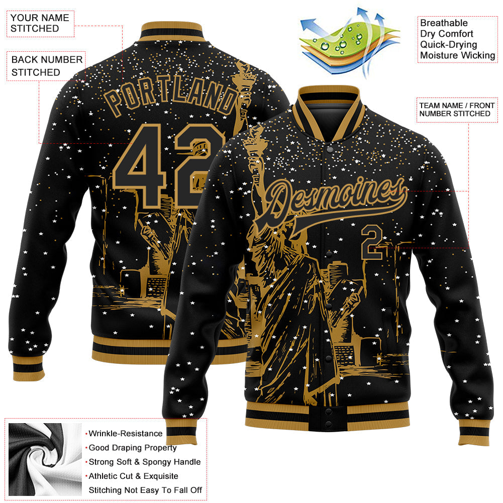 Custom Black Old Gold New York Statue of Liberty 3D Pattern Design Bomber Full-Snap Varsity Letterman Jacket view 5