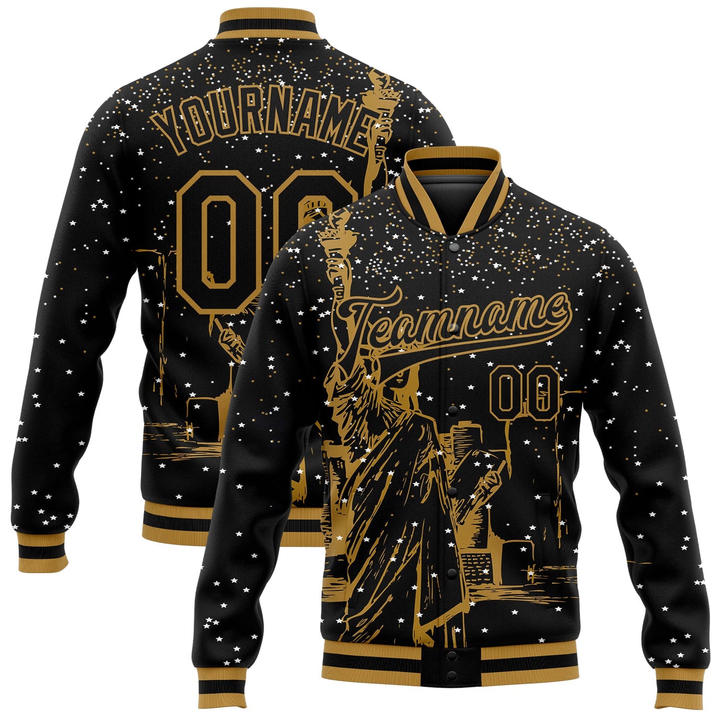 Custom Black Old Gold New York Statue of Liberty 3D Pattern Design Bomber Full-Snap Varsity Letterman Jacket - Main View