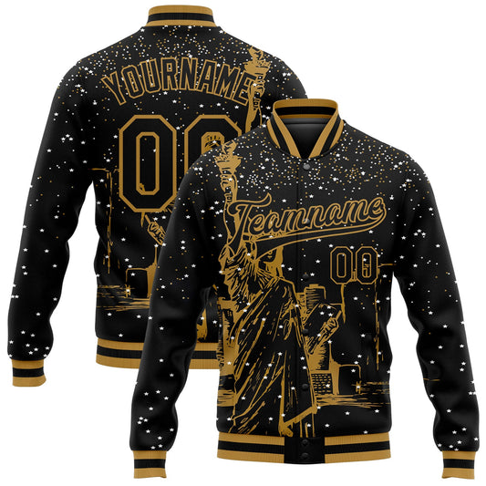 Custom Black Old Gold New York Statue of Liberty 3D Pattern Design Bomber Full-Snap Varsity Letterman Jacket - Main View