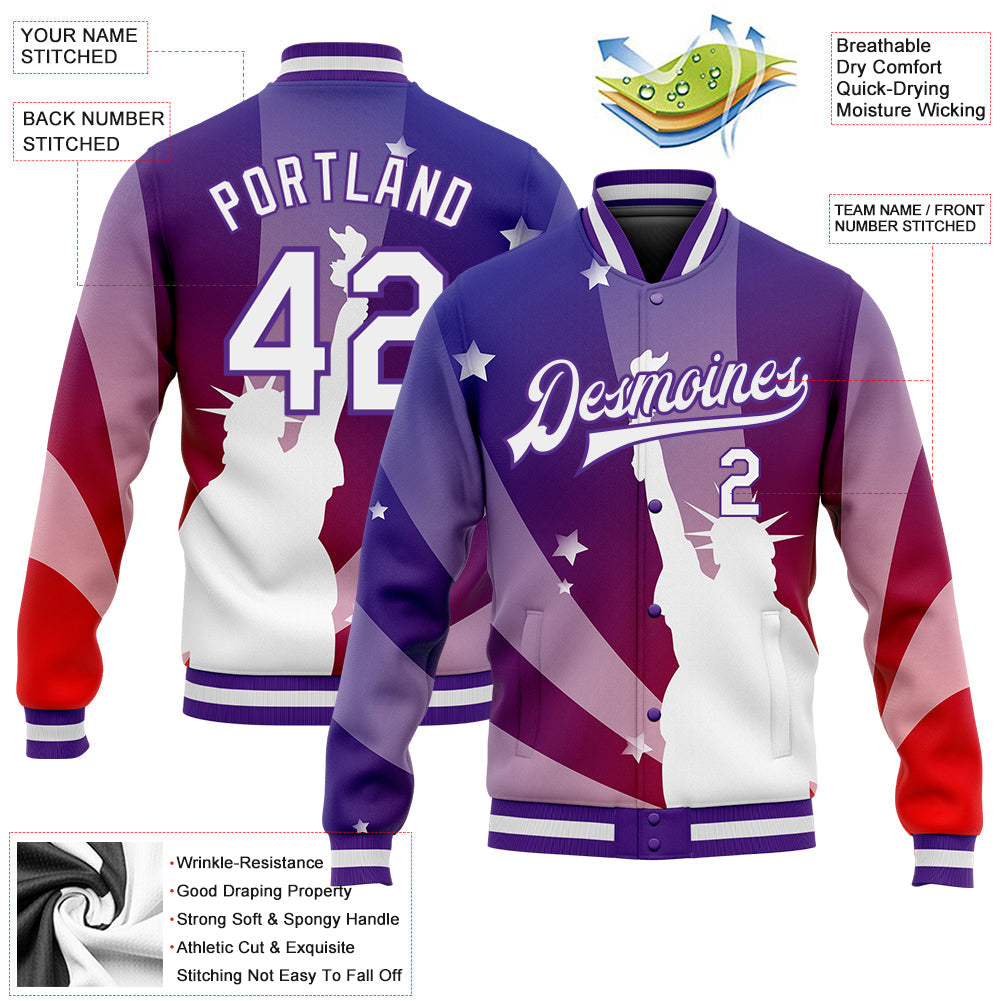 Custom Purple White-Red Statue of Liberty 3D Pattern Design Bomber Full-Snap Varsity Letterman Jacket view 5