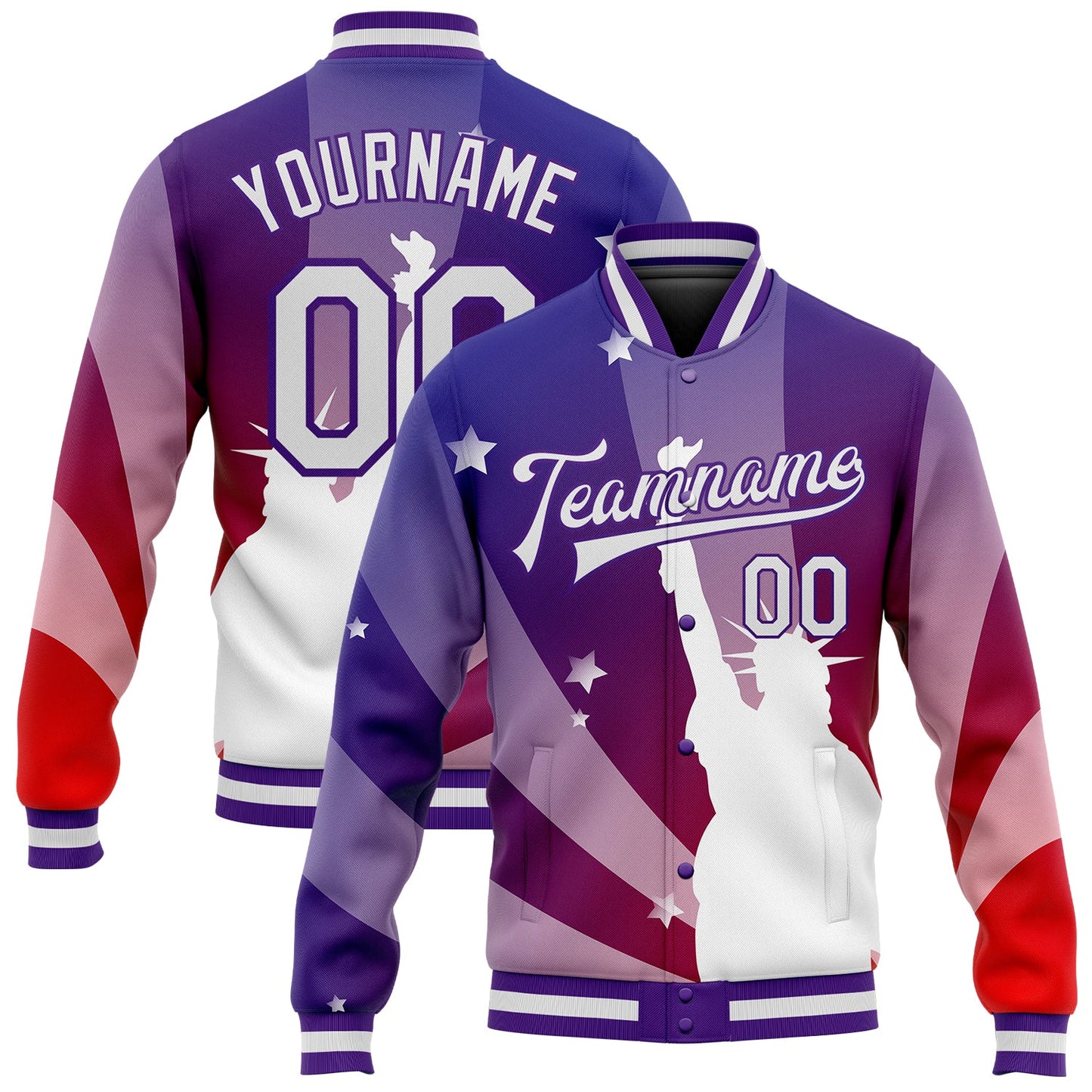 Custom Purple White-Red Statue of Liberty 3D Pattern Design Bomber Full-Snap Varsity Letterman Jacket - Main View