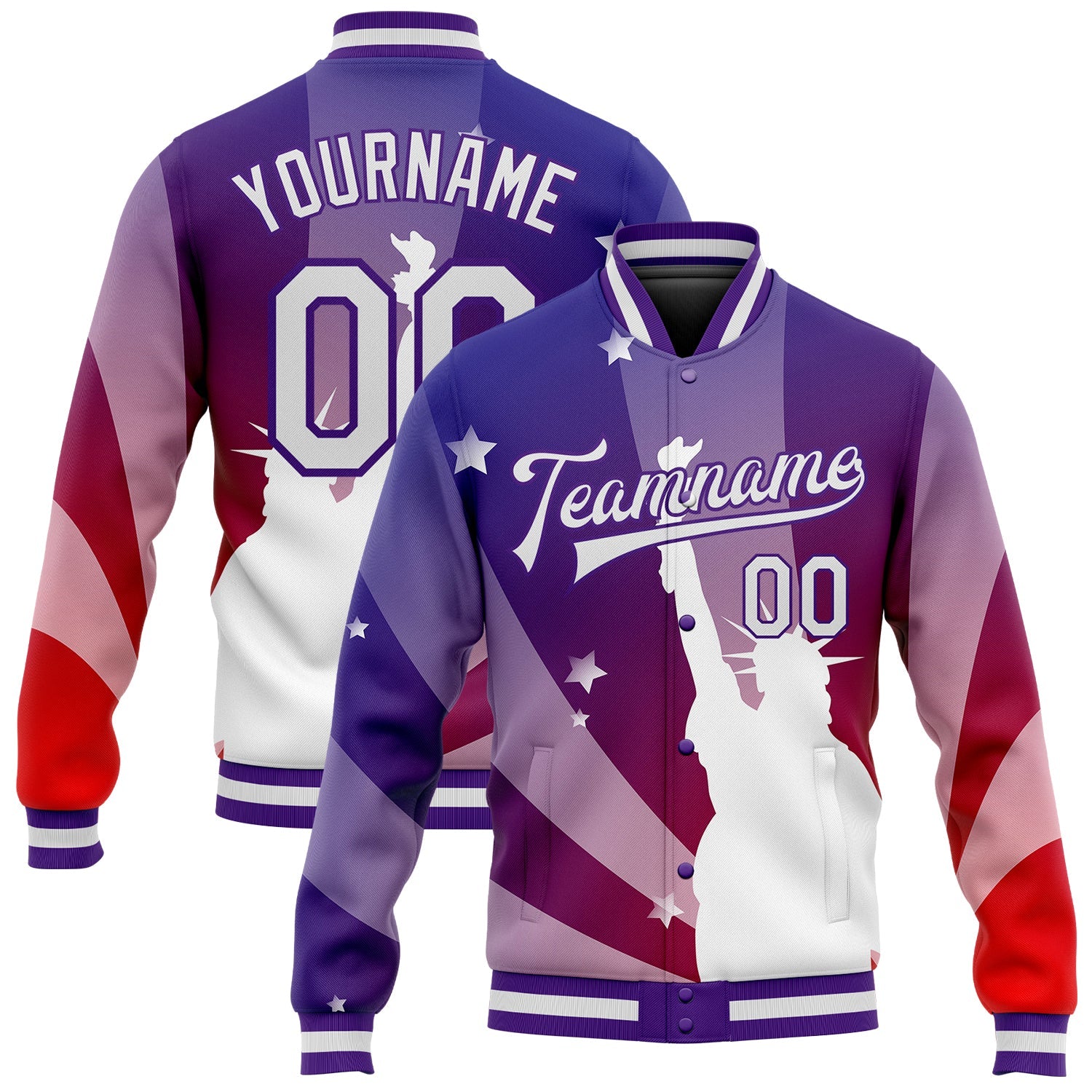 Custom Purple White-Red Statue of Liberty 3D Pattern Design Bomber Full-Snap Varsity Letterman Jacket - Main View
