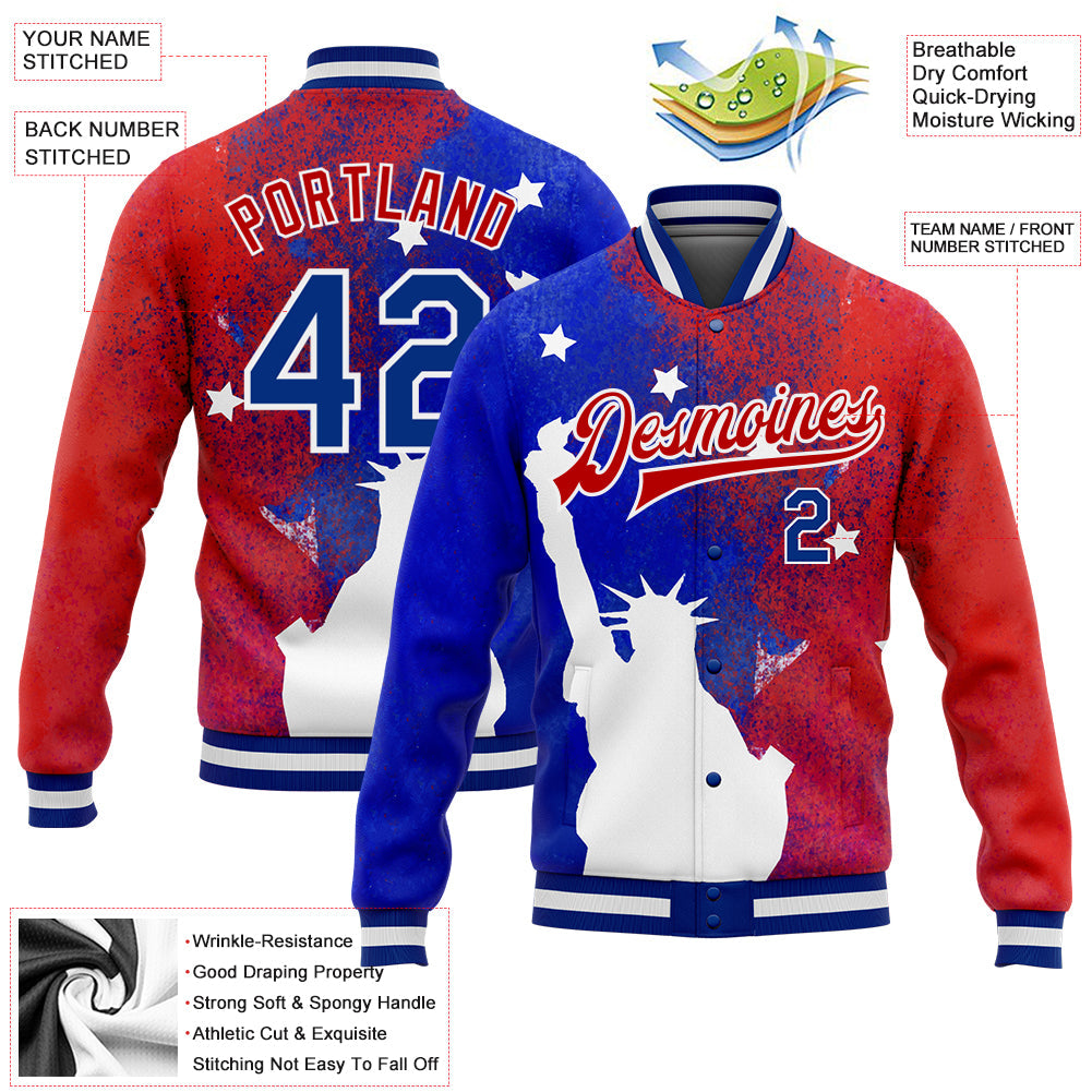 Custom Red Royal-White Statue of Liberty 3D Pattern Design Bomber Full-Snap Varsity Letterman Jacket view 5