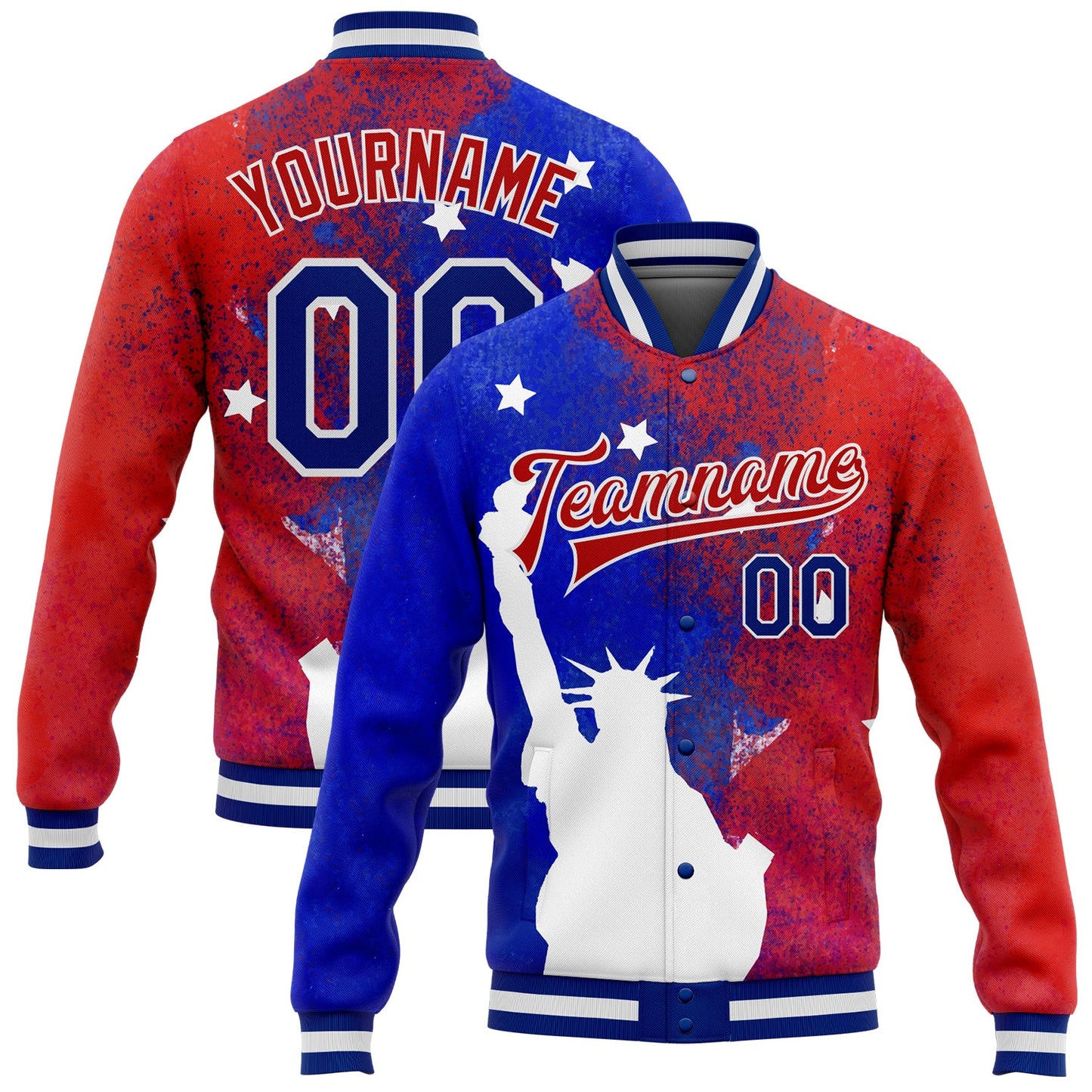 Custom Red Royal-White Statue of Liberty 3D Pattern Design Bomber Full-Snap Varsity Letterman Jacket - Main View