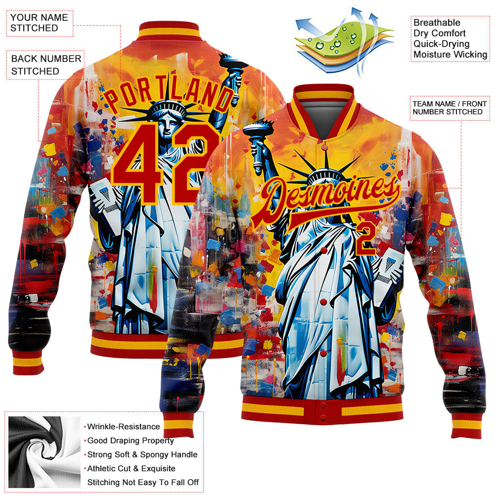 Custom Gold Red Statue of Liberty Independence Day 3D Pattern Design Bomber Full-Snap Varsity Letterman Jacket view 5
