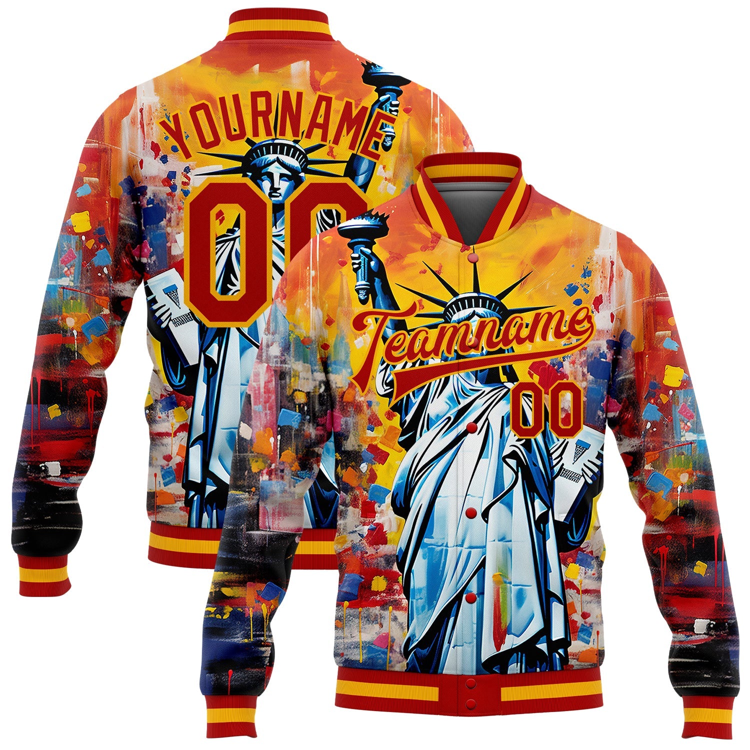 Custom Gold Red Statue of Liberty Independence Day 3D Pattern Design Bomber Full-Snap Varsity Letterman Jacket - Main View