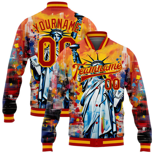 Custom Gold Red Statue of Liberty Independence Day 3D Pattern Design Bomber Full-Snap Varsity Letterman Jacket - Main View