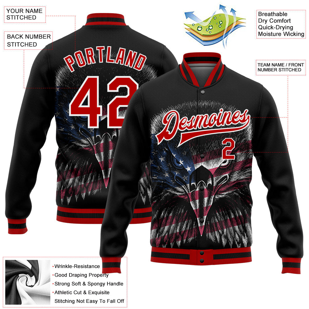 Custom Black Red-White Eagle With American Flag 3D Pattern Design Bomber Full-Snap Varsity Letterman Jacket view 5