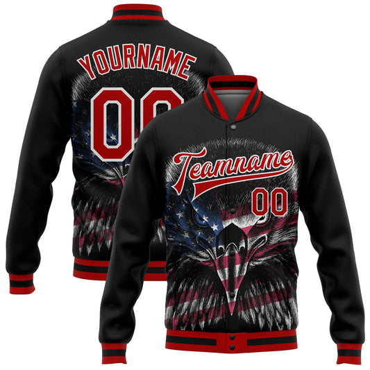 Custom Black Red-White Eagle With American Flag 3D Pattern Design Bomber Full-Snap Varsity Letterman Jacket - Main View