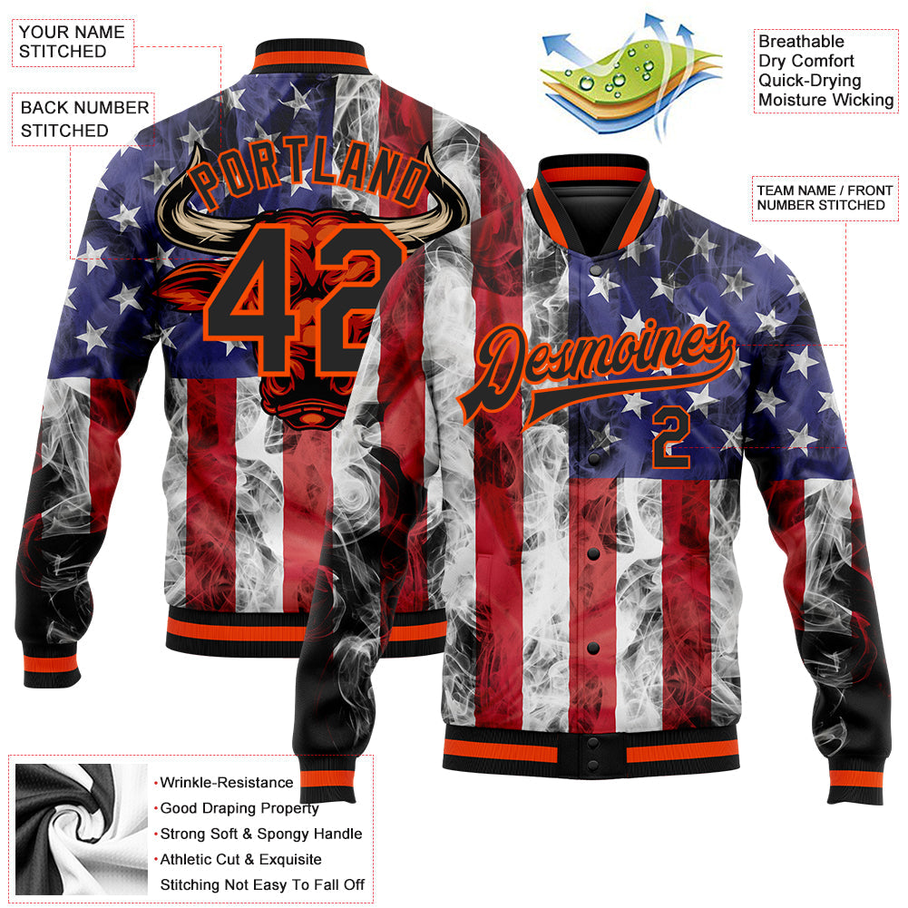Custom Royal Black Orange-Red American Flag With Head Of Bull 3D Pattern Design Bomber Full-Snap Varsity Letterman Jacket view 5