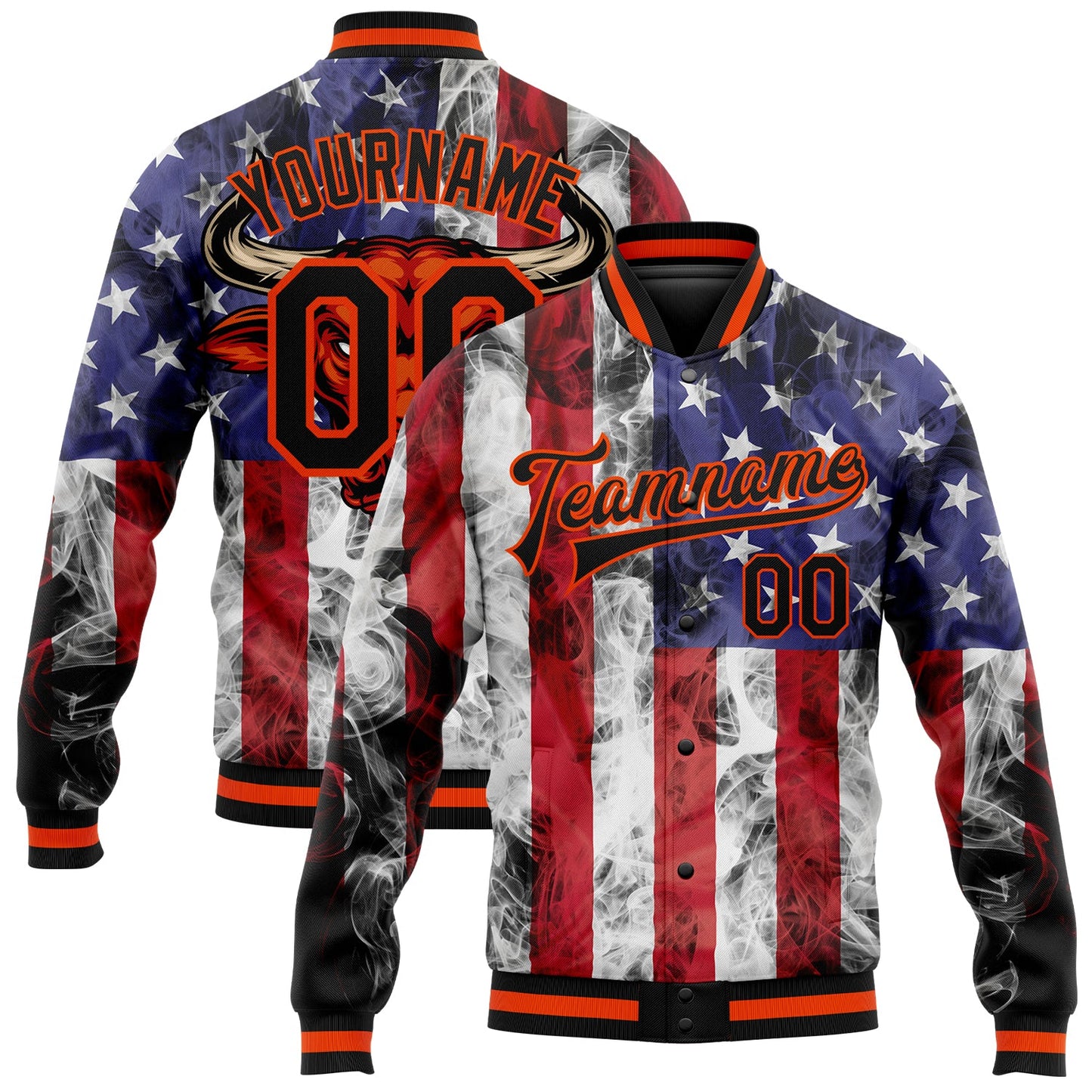 Custom Royal Black Orange-Red American Flag With Head Of Bull 3D Pattern Design Bomber Full-Snap Varsity Letterman Jacket - Main View