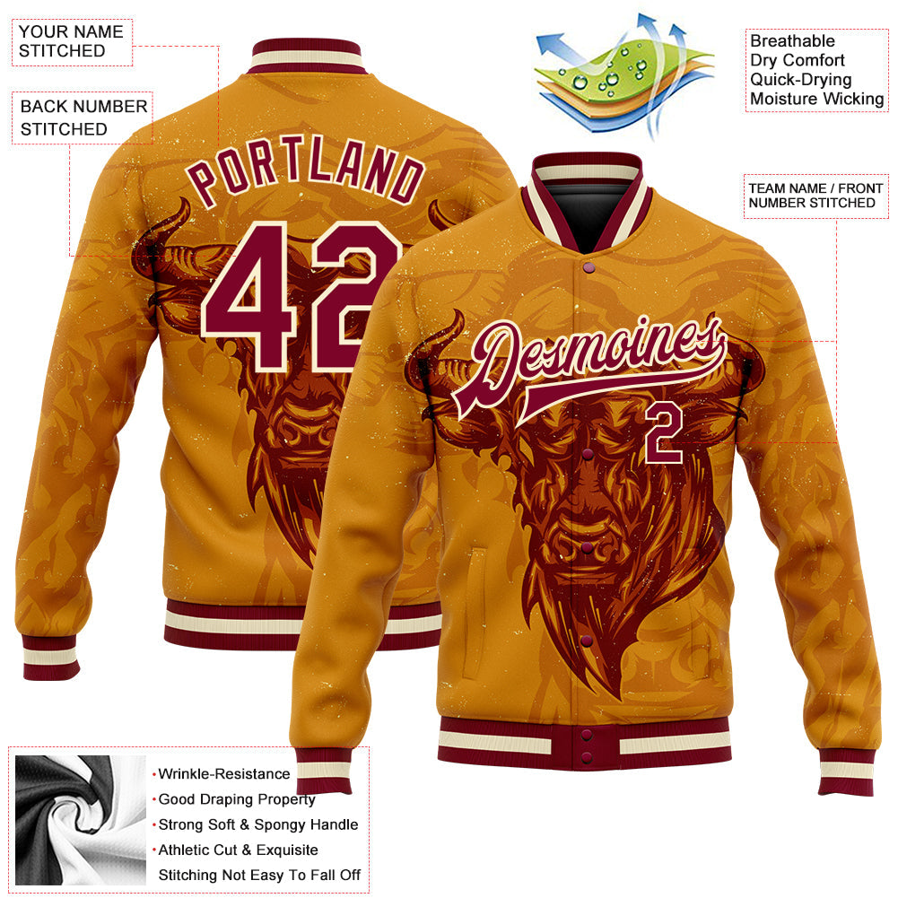 Custom Gold Maroon-Cream Angry Bull 3D Pattern Design Bomber Full-Snap Varsity Letterman Jacket view 5