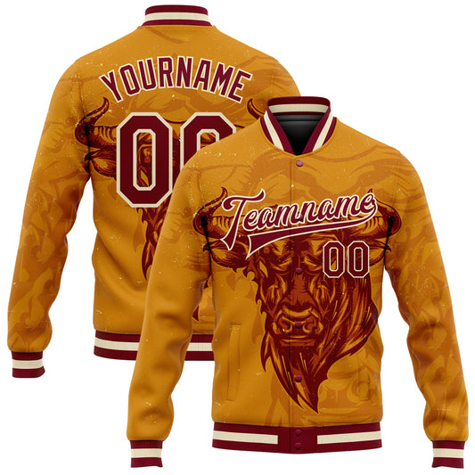 Custom Gold Maroon-Cream Angry Bull 3D Pattern Design Bomber Full-Snap Varsity Letterman Jacket - Main View