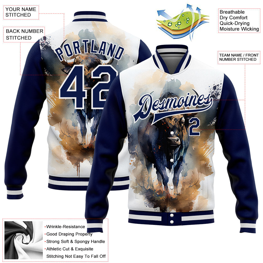 Custom White Navy A Bull With Horns 3D Pattern Design Bomber Full-Snap Varsity Letterman Jacket view 5