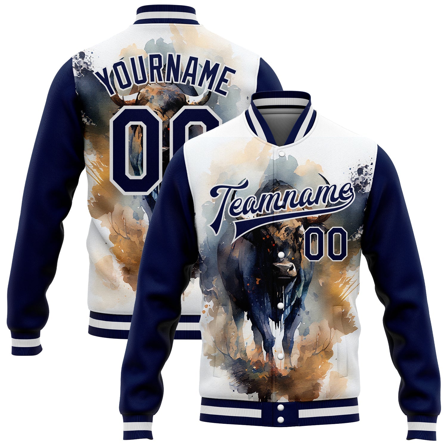 Custom White Navy A Bull With Horns 3D Pattern Design Bomber Full-Snap Varsity Letterman Jacket - Main View