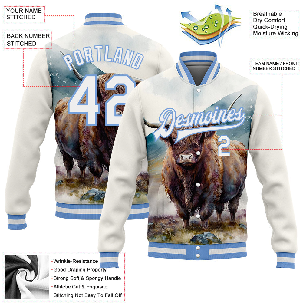Custom White Light Blue A Bull In Tropical Exotic Jungle 3D Pattern Design Bomber Full-Snap Varsity Letterman Jacket view 5