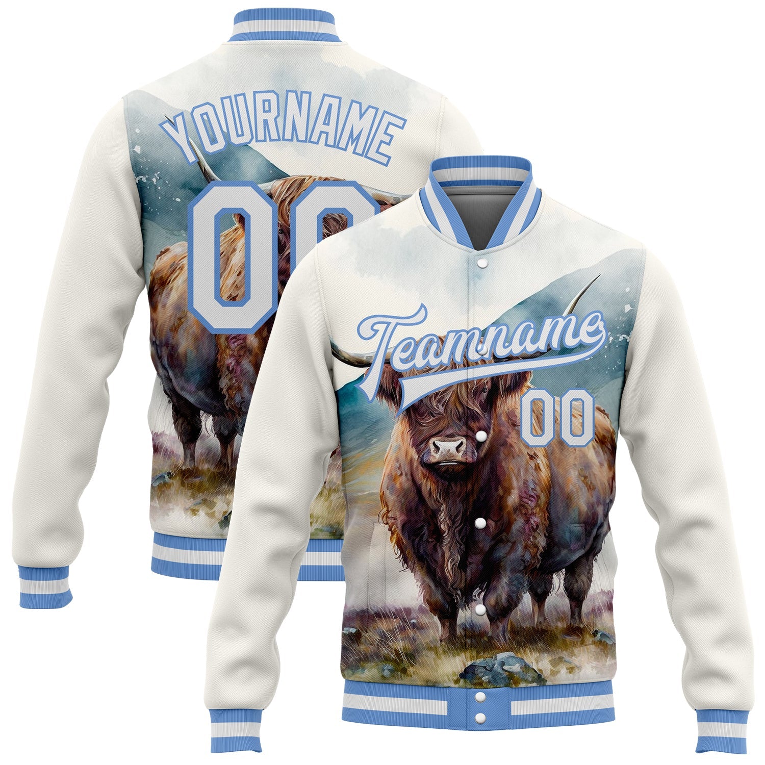 Custom White Light Blue A Bull In Tropical Exotic Jungle 3D Pattern Design Bomber Full-Snap Varsity Letterman Jacket - Main View