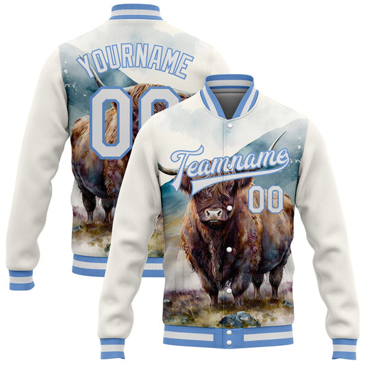 Custom White Light Blue A Bull In Tropical Exotic Jungle 3D Pattern Design Bomber Full-Snap Varsity Letterman Jacket - Main View