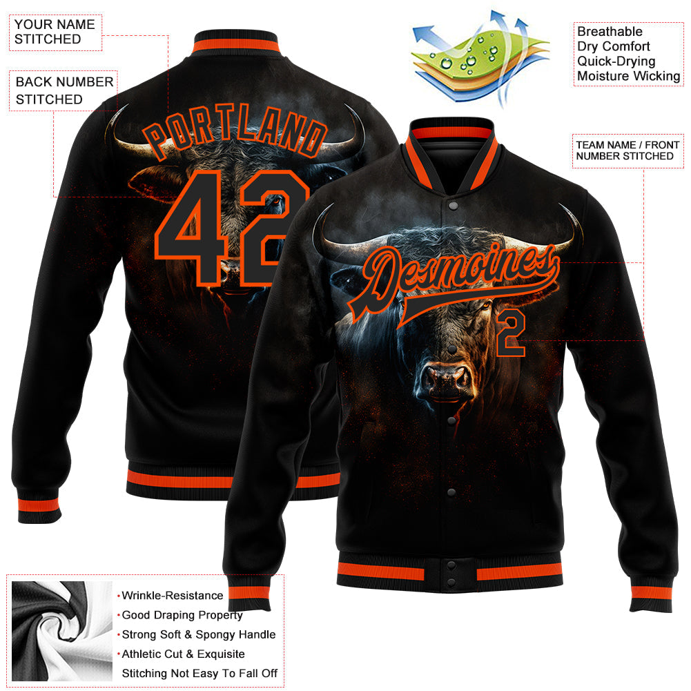 Custom Black Orange Angry Violent Bulls Face 3D Pattern Design Bomber Full-Snap Varsity Letterman Jacket view 5