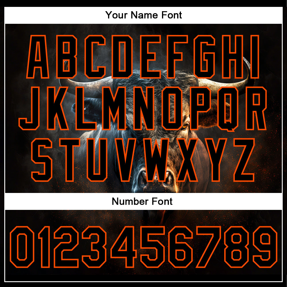 Custom Black Orange Angry Violent Bulls Face 3D Pattern Design Bomber Full-Snap Varsity Letterman Jacket view 7