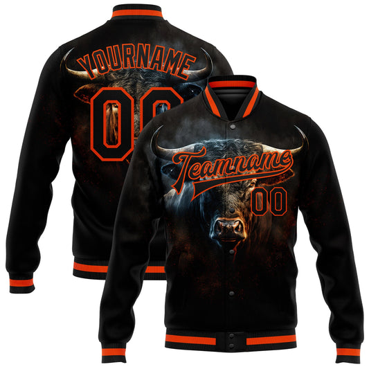 Custom Black Orange Angry Violent Bulls Face 3D Pattern Design Bomber Full-Snap Varsity Letterman Jacket - Main View