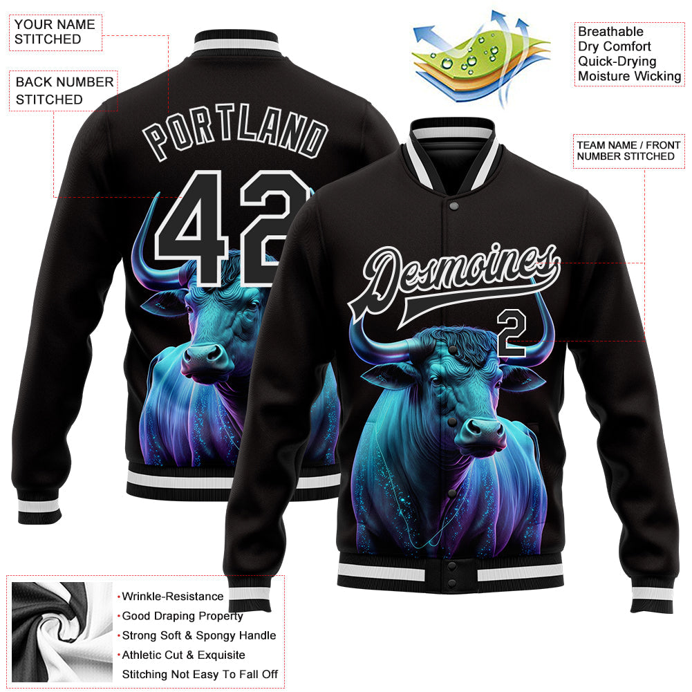 Custom Black White A Blue Bull With Blue Horns 3D Pattern Design Bomber Full-Snap Varsity Letterman Jacket view 5