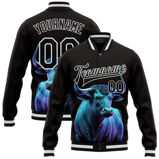 Custom Black White A Blue Bull With Blue Horns 3D Pattern Design Bomber Full-Snap Varsity Letterman Jacket - Main View