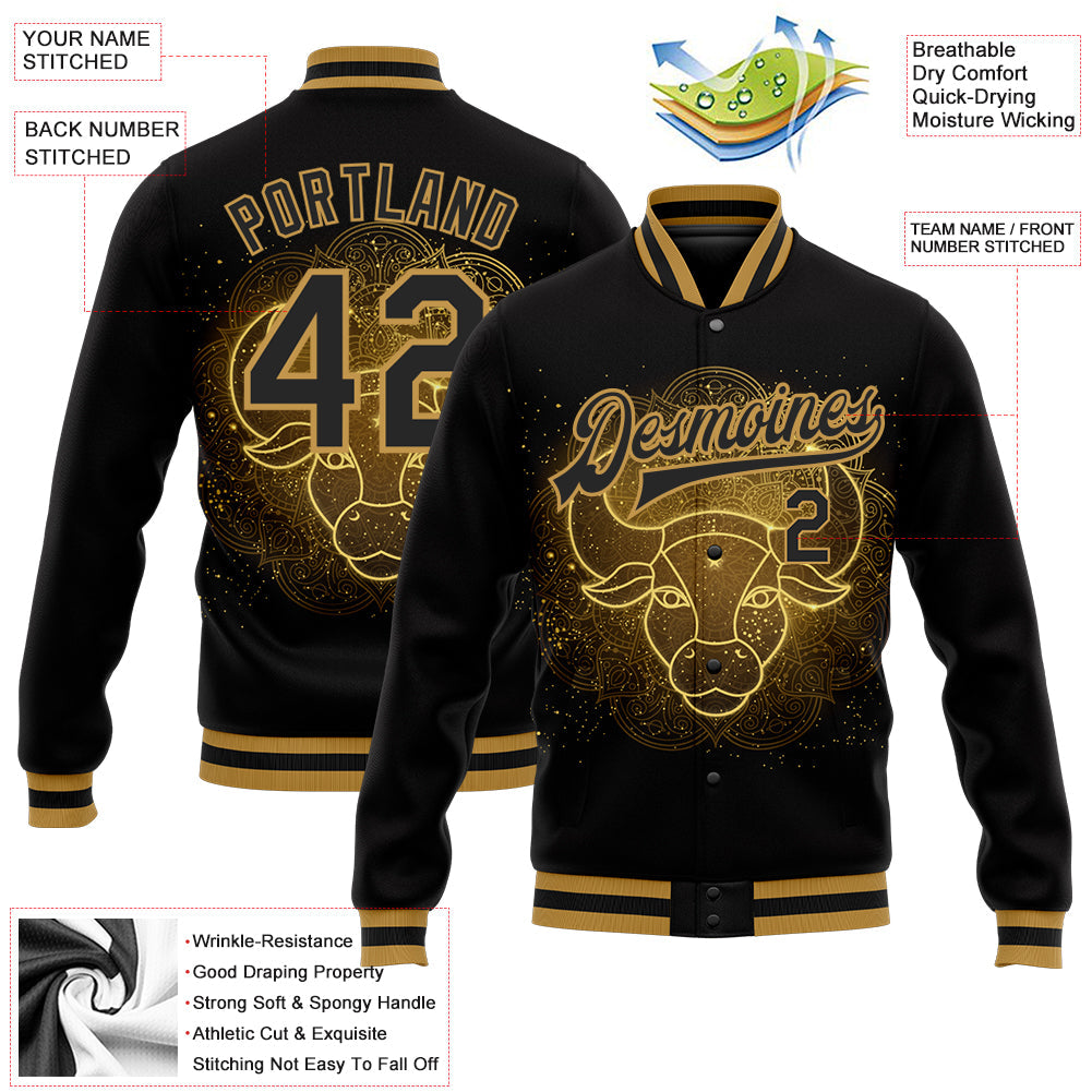 Custom Black Old Gold Taurus 3D Pattern Design Bomber Full-Snap Varsity Letterman Jacket view 5