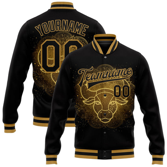 Custom Black Old Gold Taurus 3D Pattern Design Bomber Full-Snap Varsity Letterman Jacket - Main View