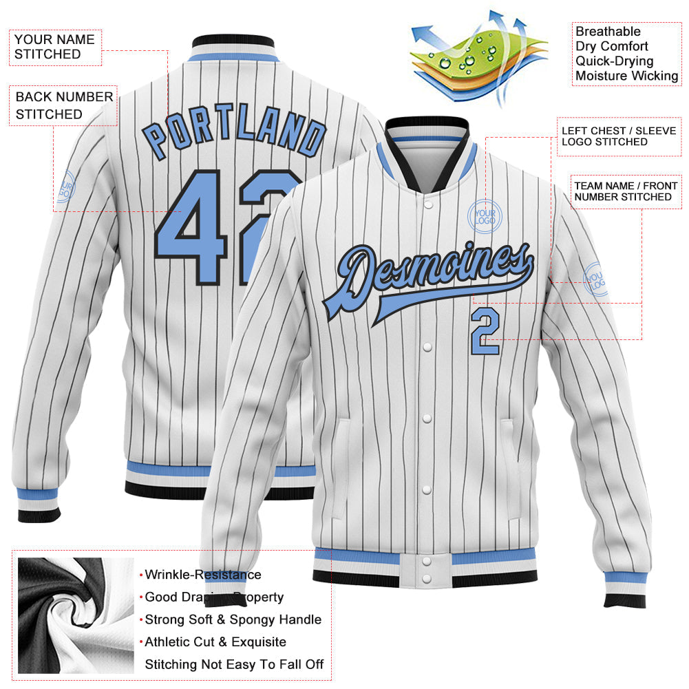 Custom White Black Pinstripe Light Blue Bomber Full-Snap Varsity Letterman Jacket view 5