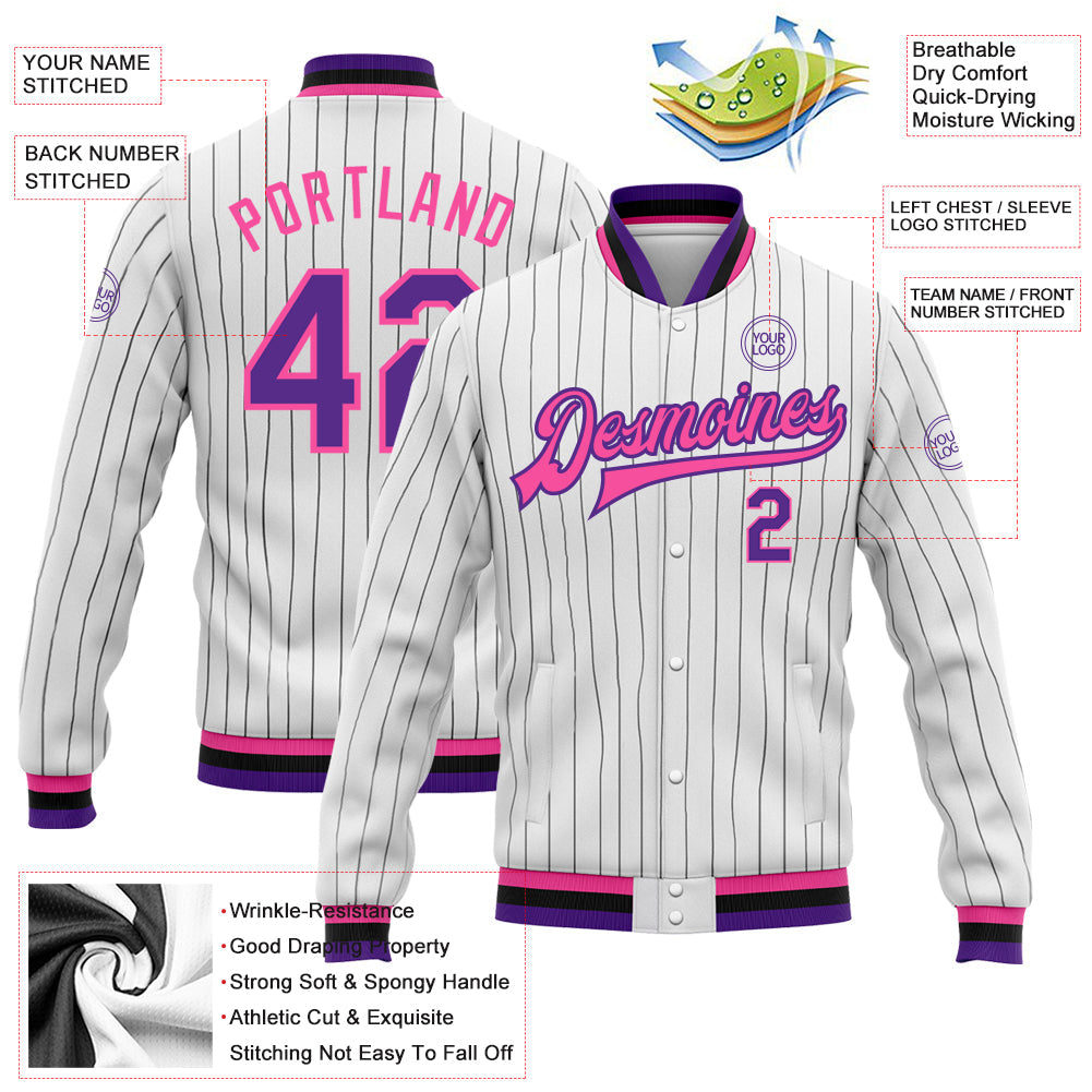 Custom White Black Pinstripe Purple-Pink Bomber Full-Snap Varsity Letterman Jacket view 5